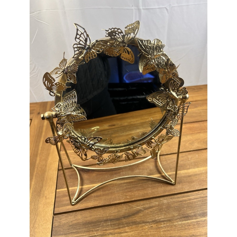 Vintage Gold Metal Round 3D Butterfly Standing Mirror Goldtone Metal Frame